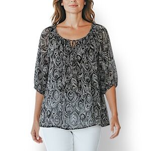 4/$20 Croft & Barrow Black White Sheer Paisley Peasant Blouse Top Size M